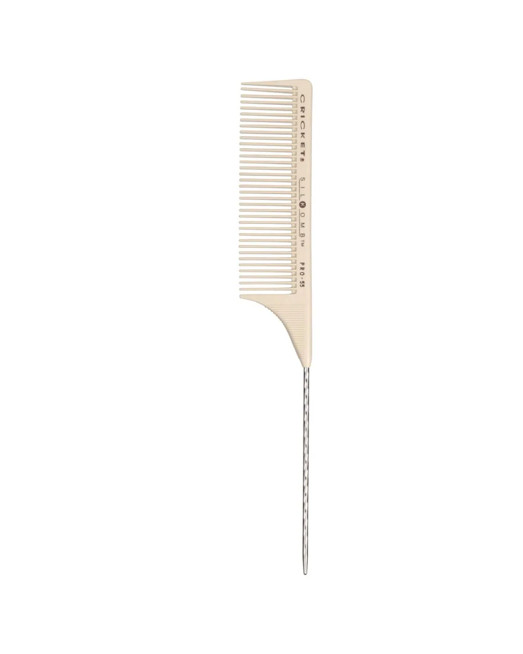 Cricket Silkomb Pro-55 wide-toothed rattail comb, a sectioning comb for fine hair