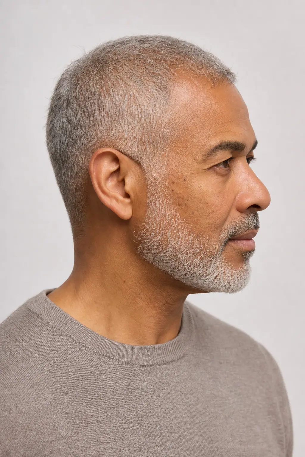 Close crop with a trimmed grey beard on a man with thinning grey hair