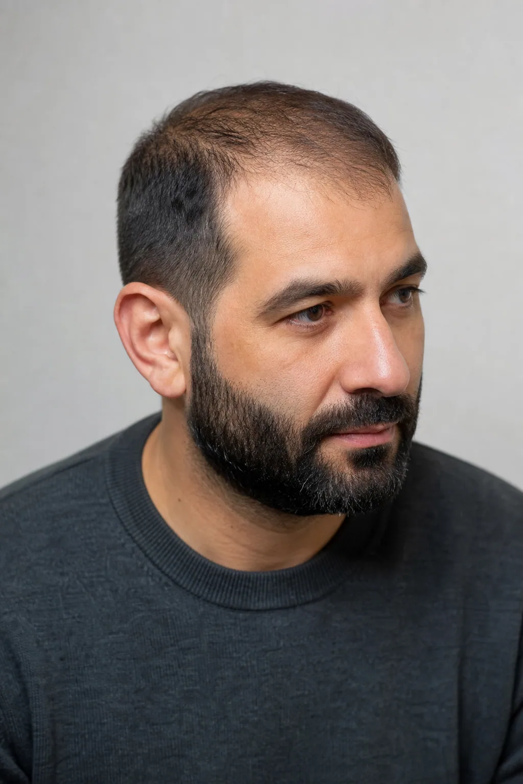 Short crop with a full shaped beard on a man with thinning hair