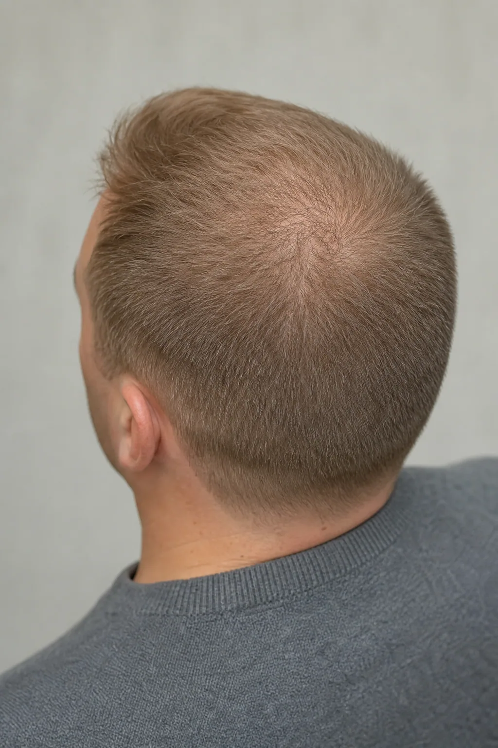 Short crop with a closely blended crown on a man with a thinning crown