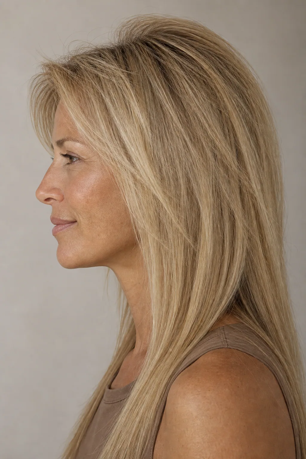 Long fine blonde hair with crown-focused ghost layers, visible root lift at the top of the head, side profile
