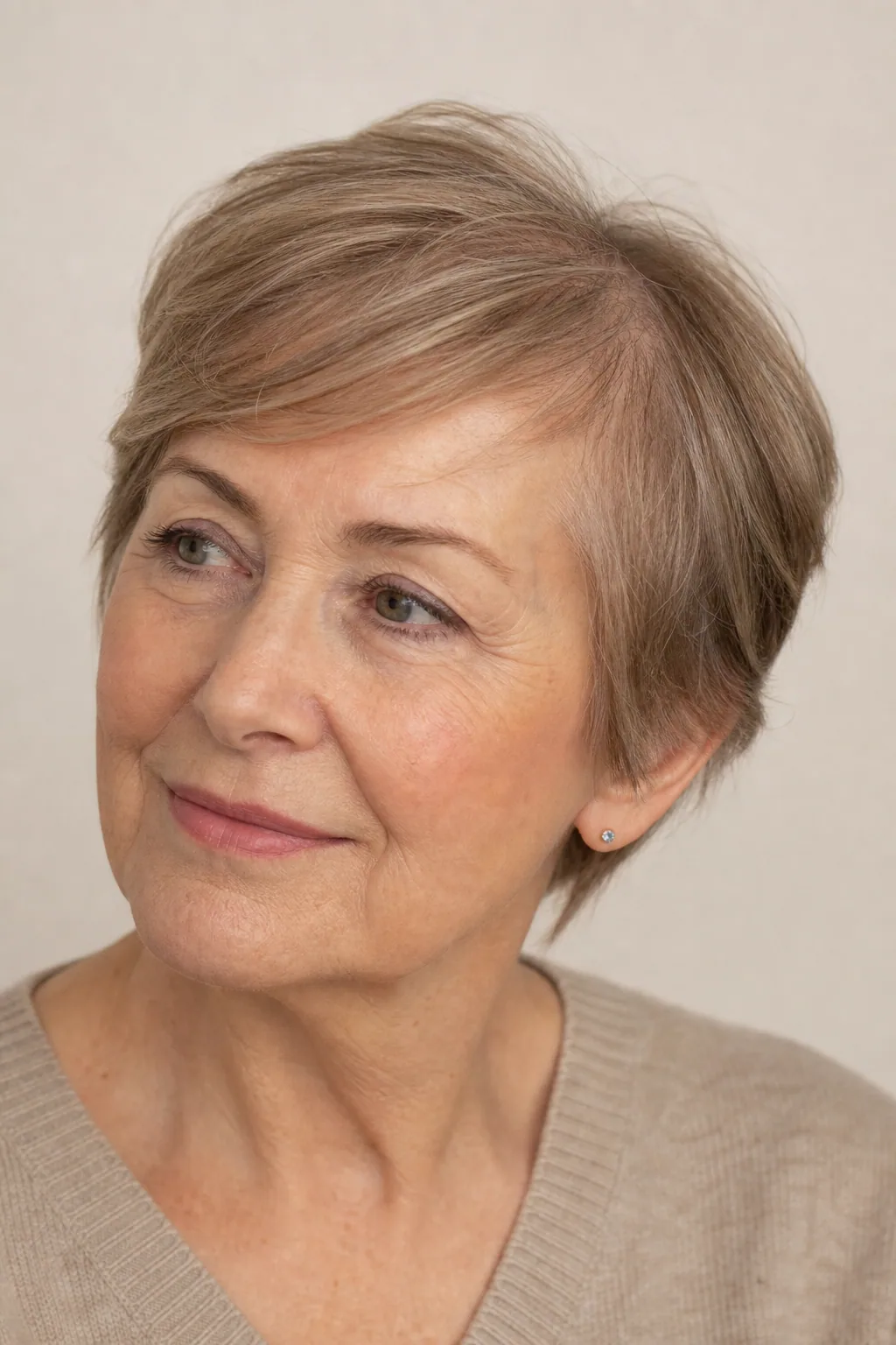 Crown-layered crop covering a thinning top with a deep side part on fine thin light-brown hair over 60