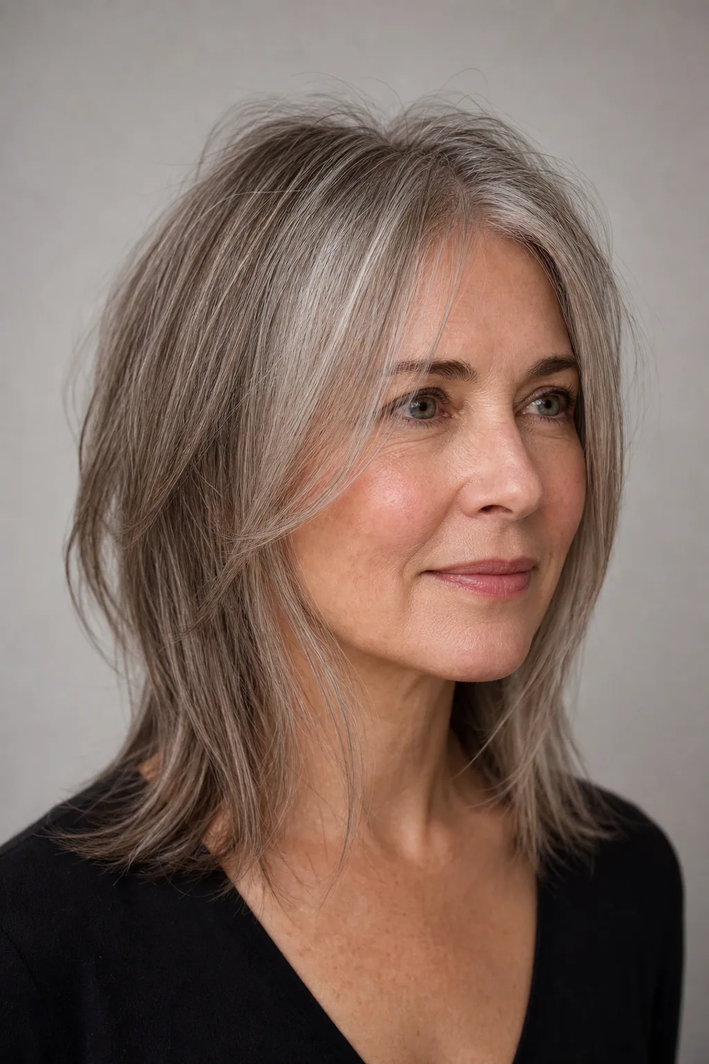 Fine hair with short crown layering and long face-framing pieces at the front, medium length, movement at the top