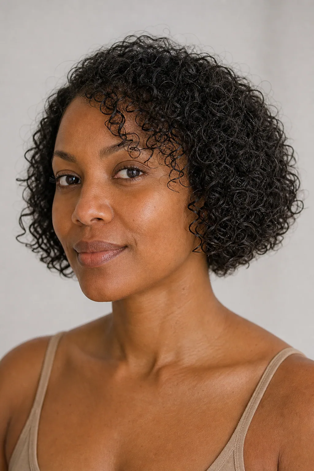 Jaw-length curly bob shaped to let fine curls spring into a full rounded shape