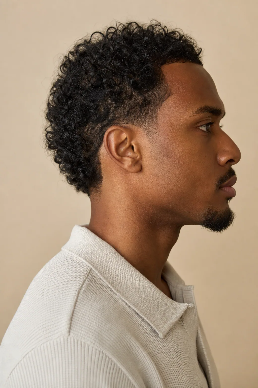 Curly top with a burst taper around the ear on thin curly hair
