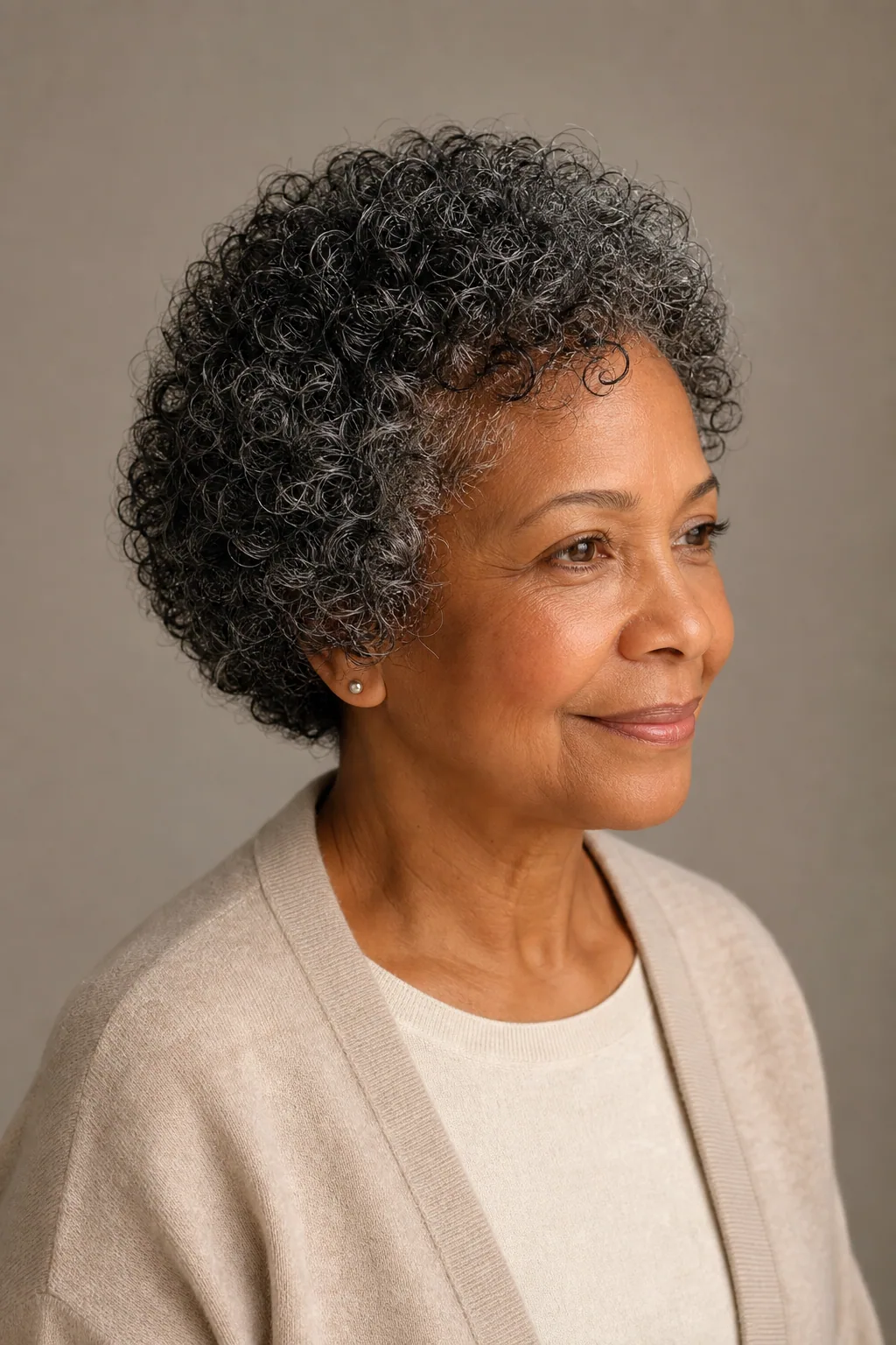 Rounded chin-length curly cut on fine black and silver hair over 60