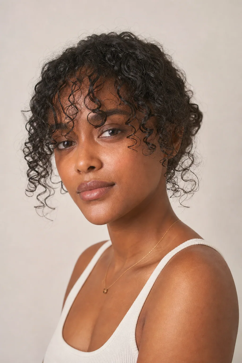 Curly curtain bangs with defined coils framing the face on fine curly hair