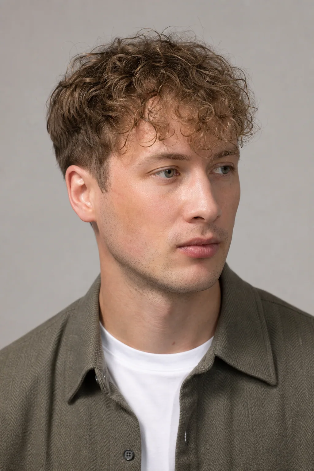 Curly fringe falling forward on a man with thin curly hair