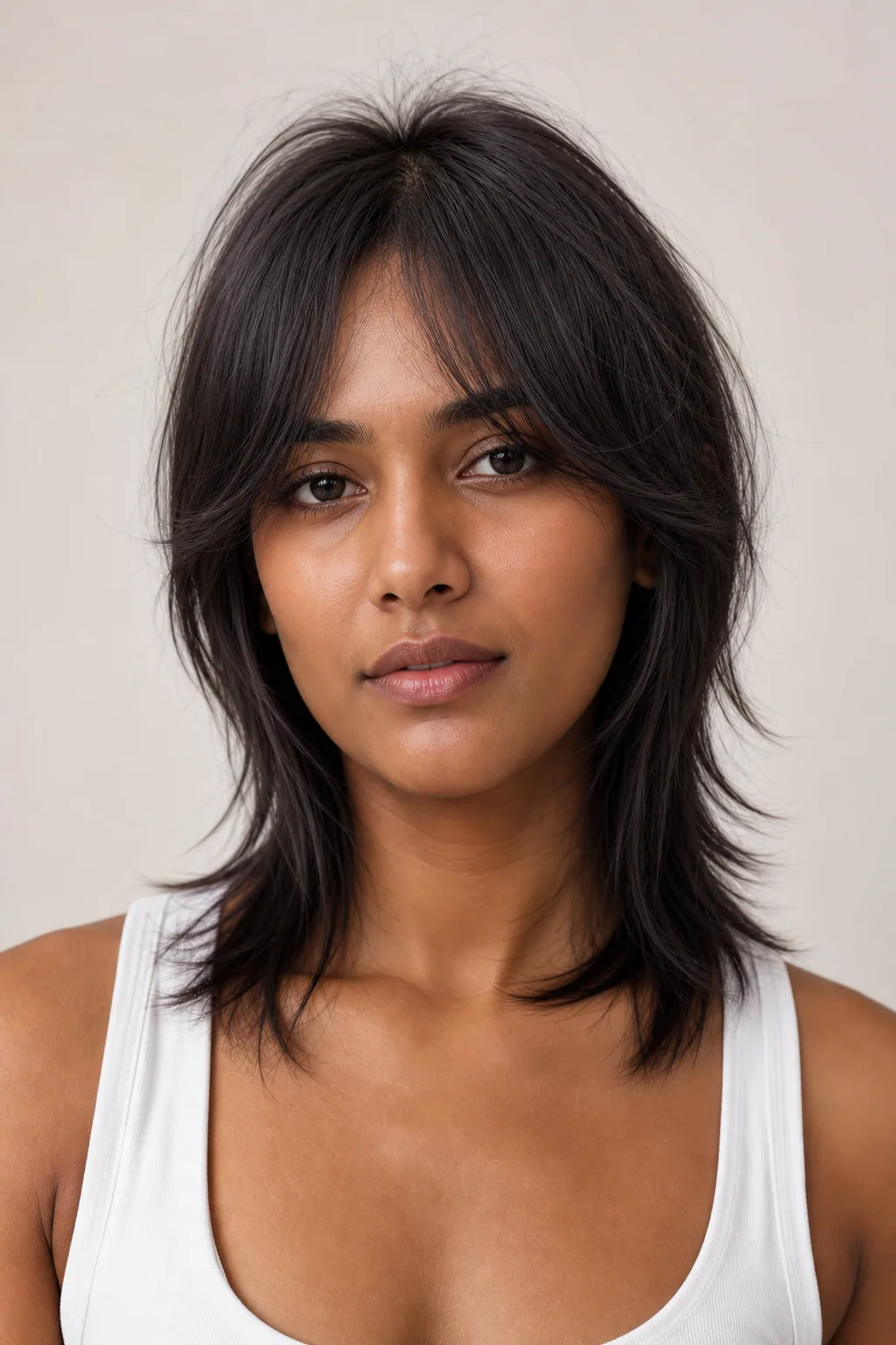 Curtain-bang mullet on fine hair, centre-parted fringe sweeping to cheekbones, textured crown, front view