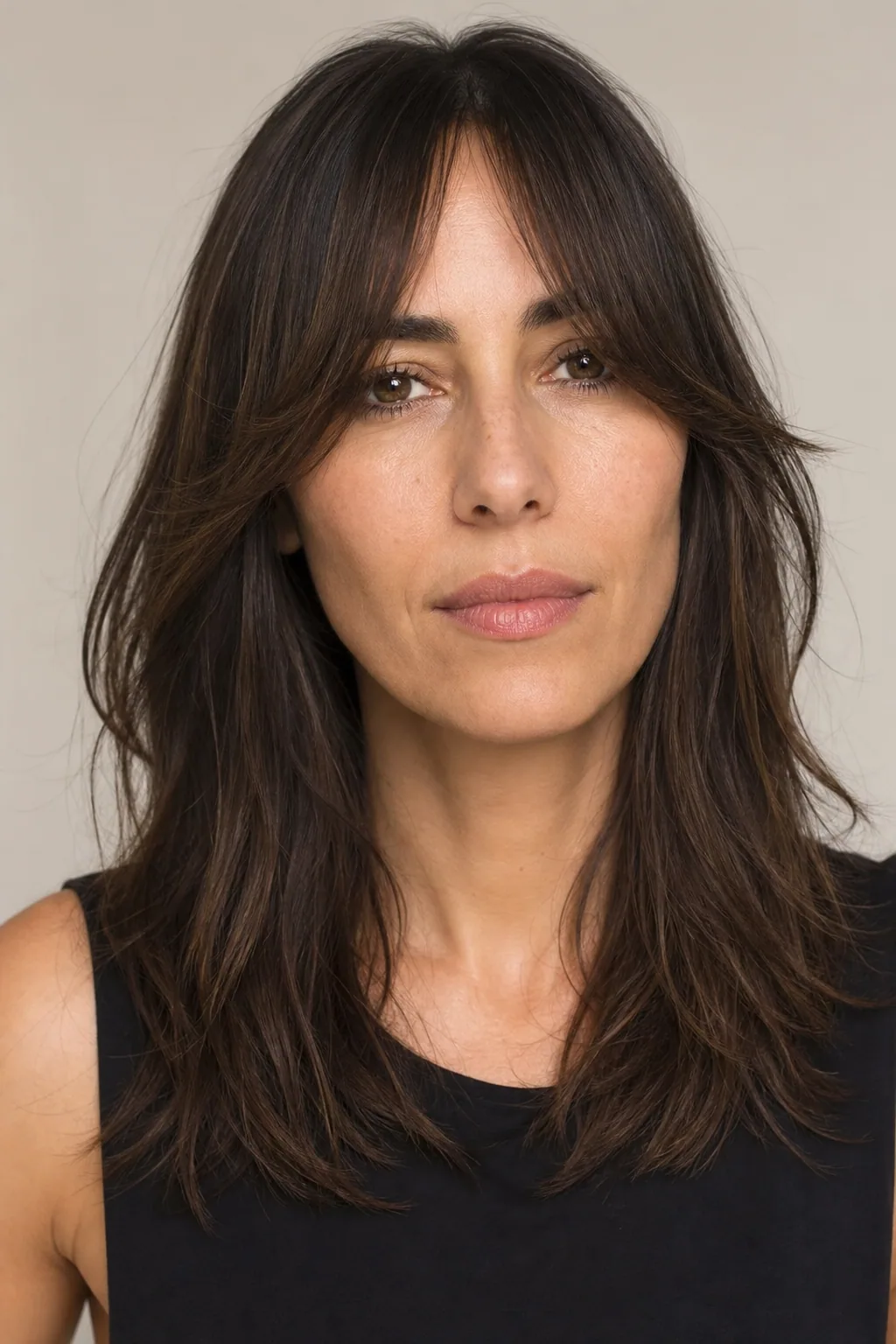 Fine hair with soft curtain bangs opening at the brow and sweeping to the cheekbones on a long face, front view