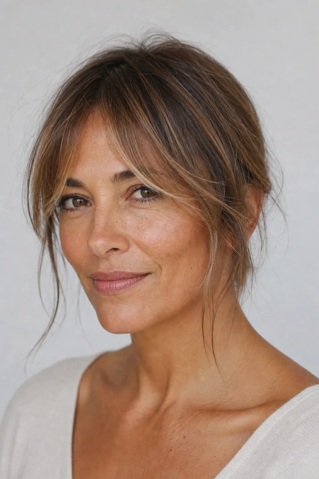 Curtain bangs with subtle face-framing highlights faking dimension on fine hair