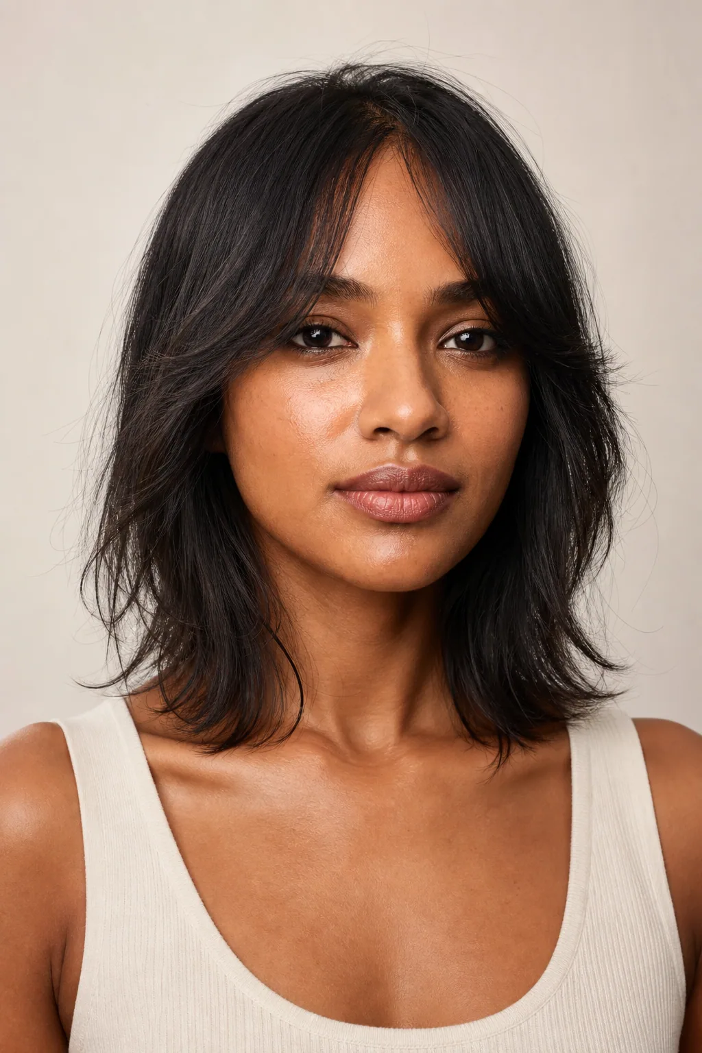 Fine hair at collarbone length with soft curtain bangs opening from a centre-ish point, front view showing reduced forehead