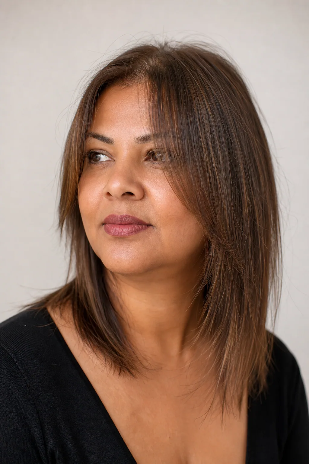 Long cut with soft center-parted curtain bangs framing the cheeks in long diagonals on fine straight brown hair, woman with a round face