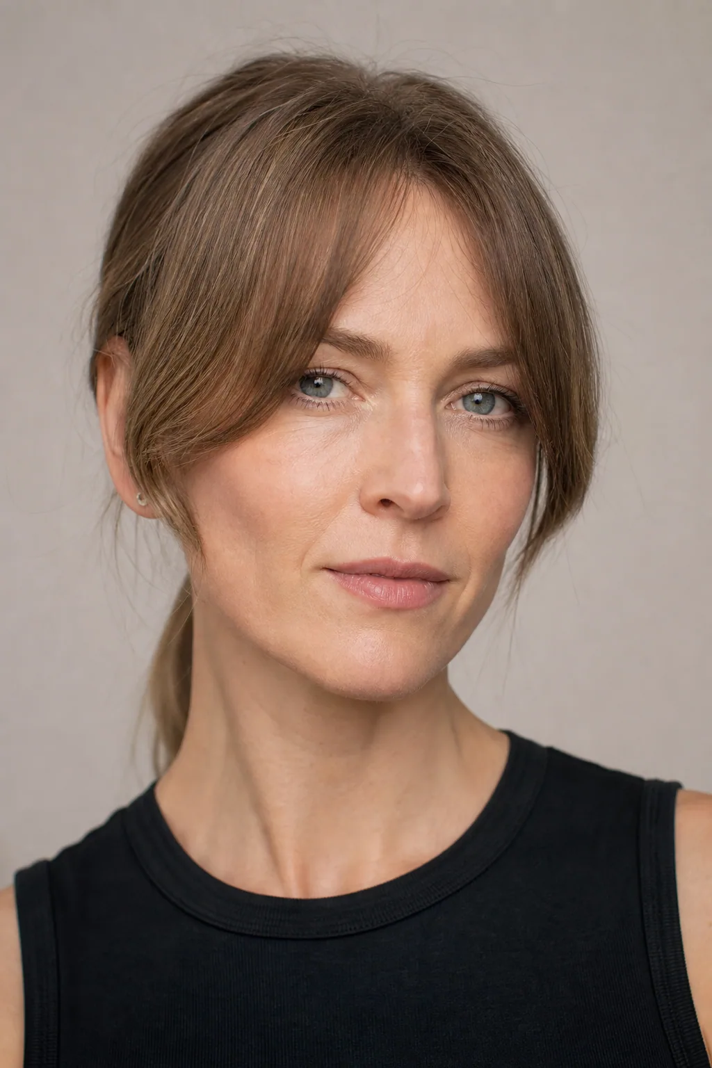 Fine hair with curtain bangs parting off-center and sweeping down to the cheekbones, front view