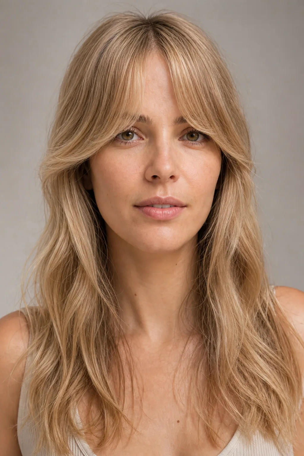 Long curtain bangs parted in the middle blending into face-framing on fine honey-blonde hair, woman with an oval face