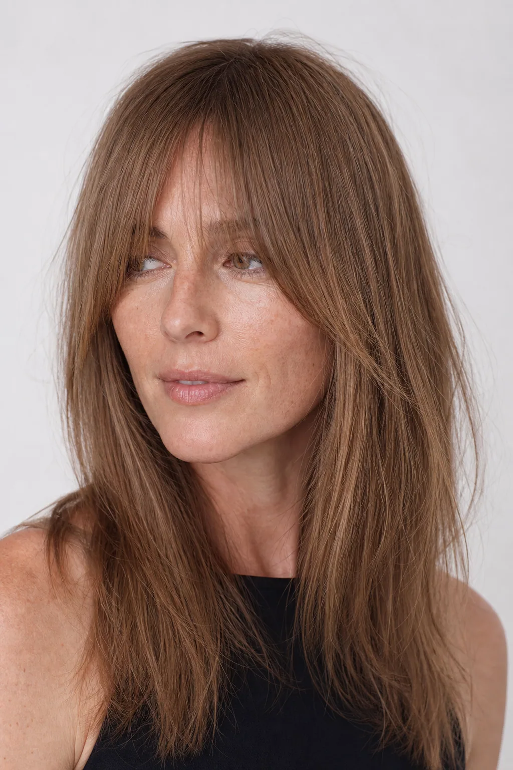 Curtain fringe blending seamlessly into face-framing layers on fine light-brown hair, no visible step