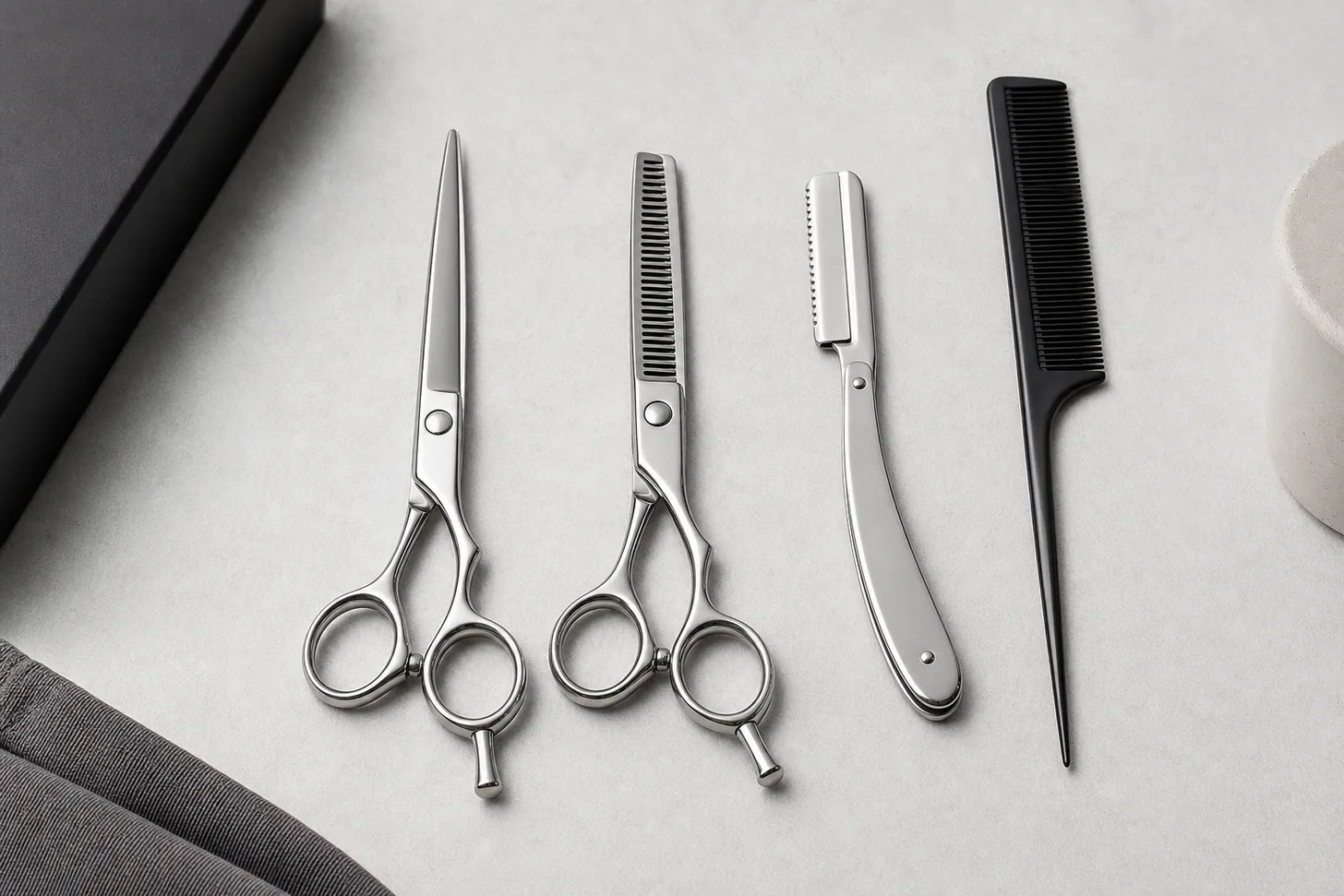 Cutting shears, thinning shears and a razor laid out on a pale salon surface beside a comb