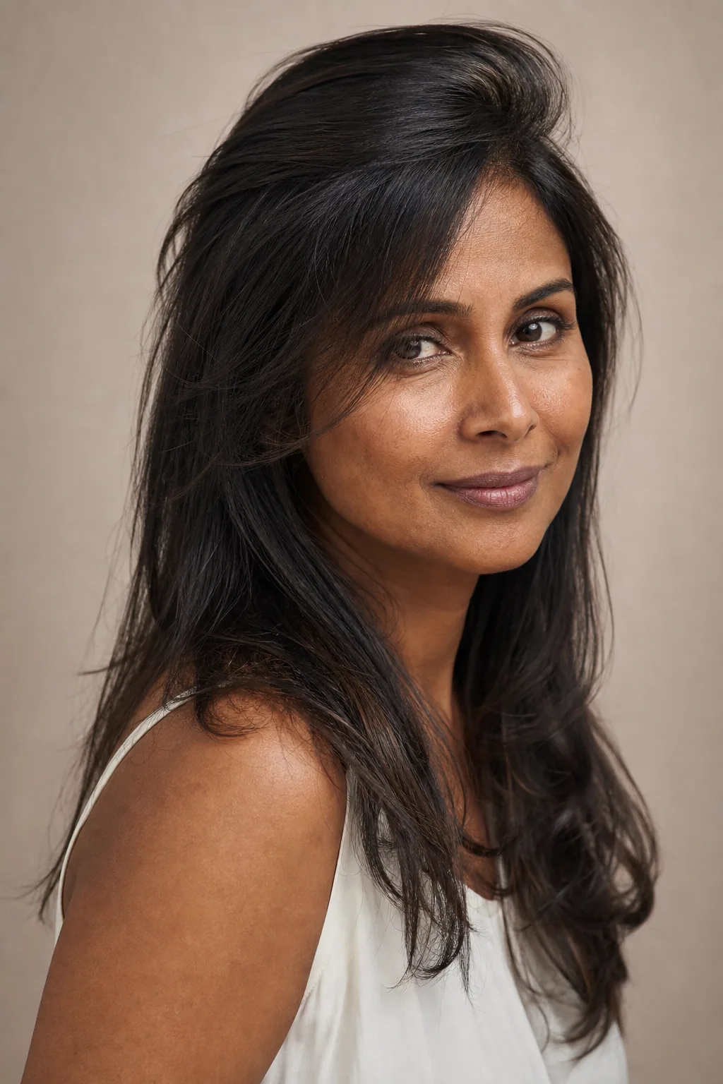 Long hair with a deep side part sweeping over for crown volume on fine hair