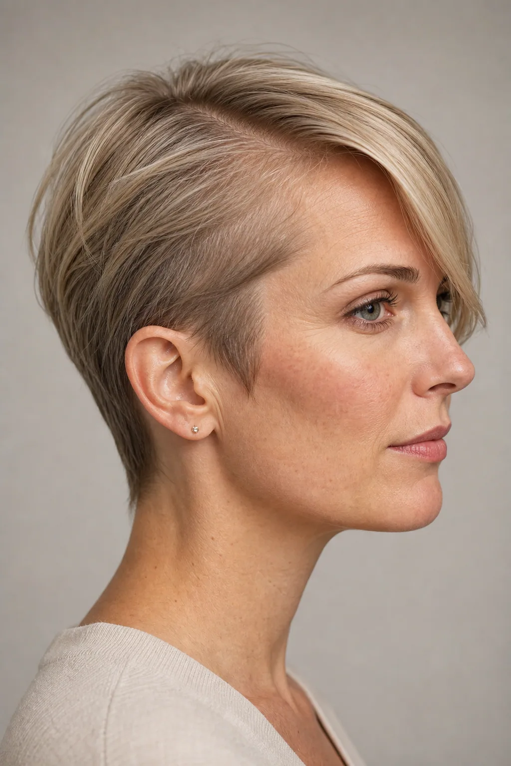 Short fine hair with a deep side part, one side swept across the forehead, the other tucked flat, side profile