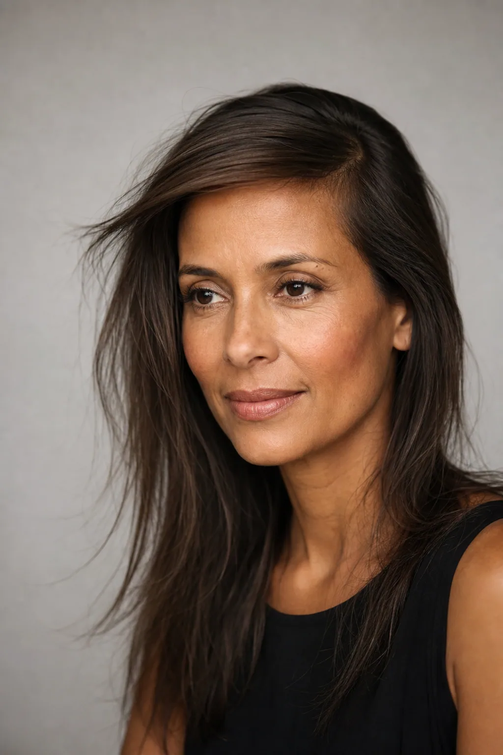 Fine hair with a deep side part sweeping across the top of the head, adding horizontal spread, long face, three-quarter view