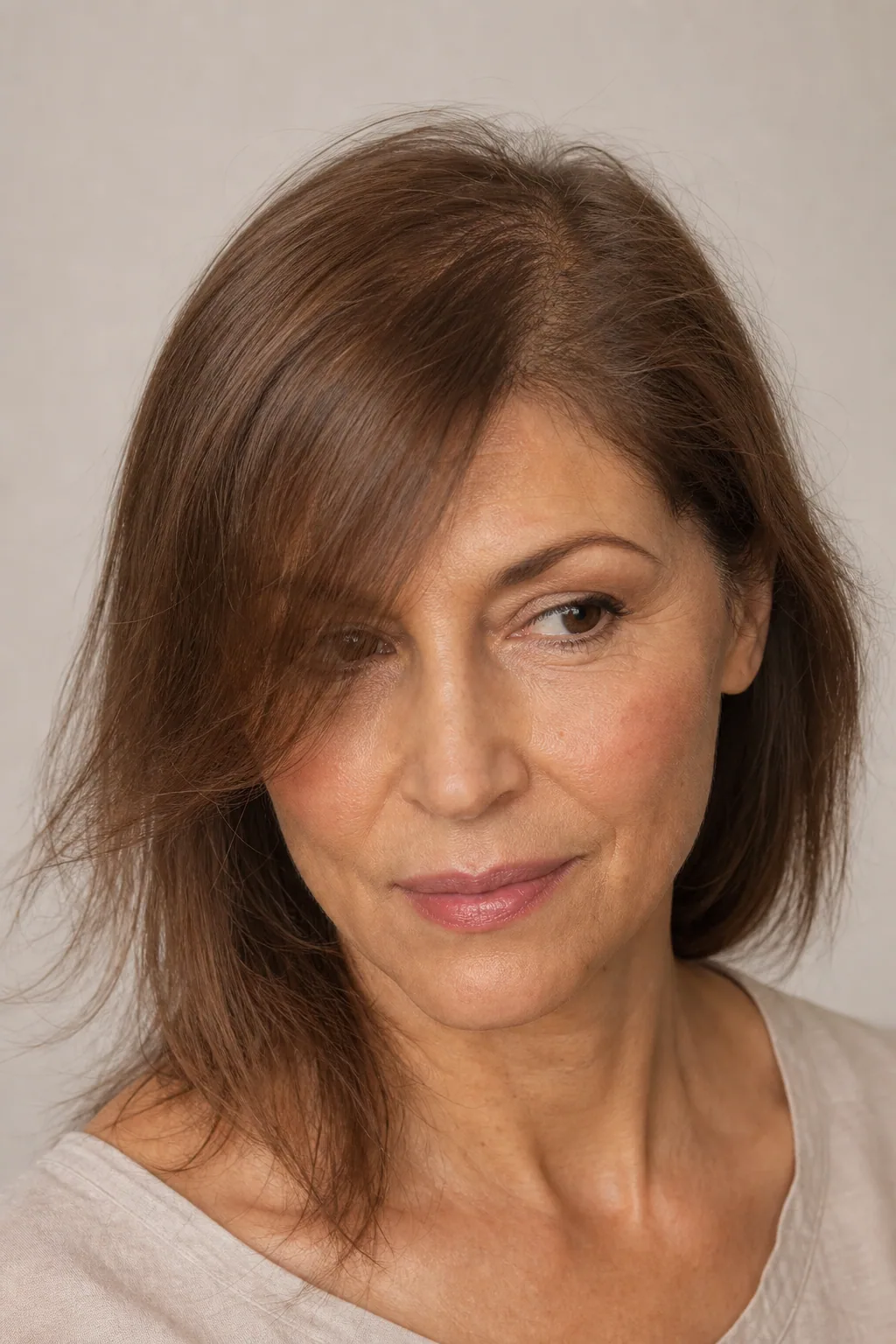 Fine hair with a deep off-centre part covering part of the forehead and sweeping across, three-quarter view