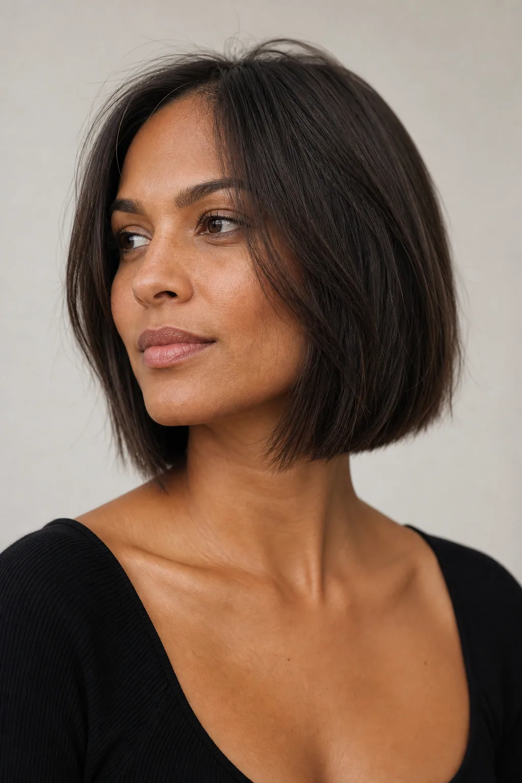 Mid-length cut with blunt, dense cheekbone-level face-framing on fine dark-brown hair, woman with an oval face