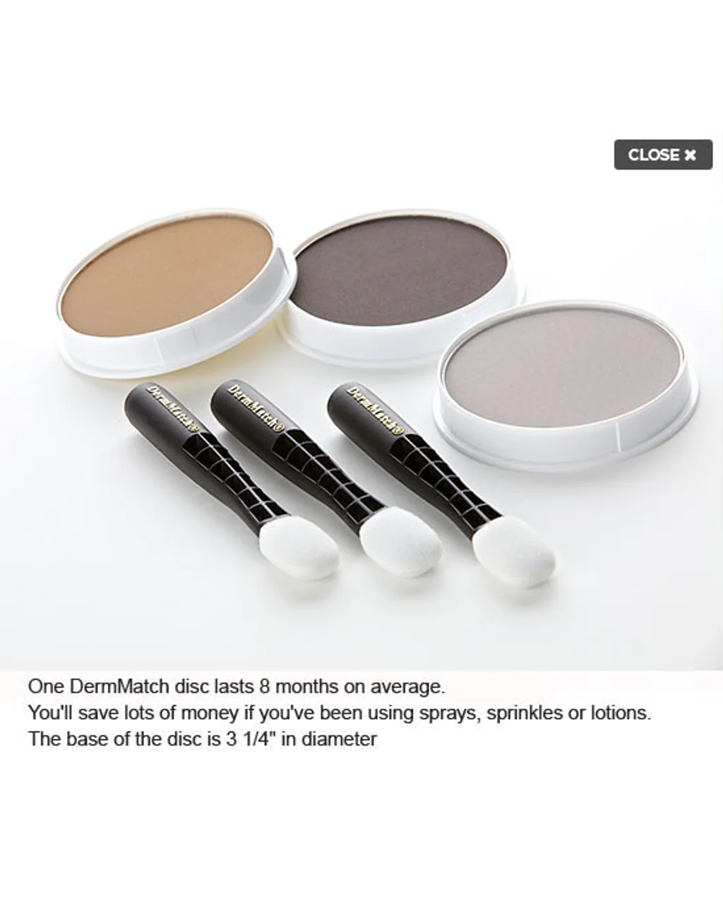 DermMatch hair loss concealer disc in its tin with applicator, a topical shading concealer for fine hair