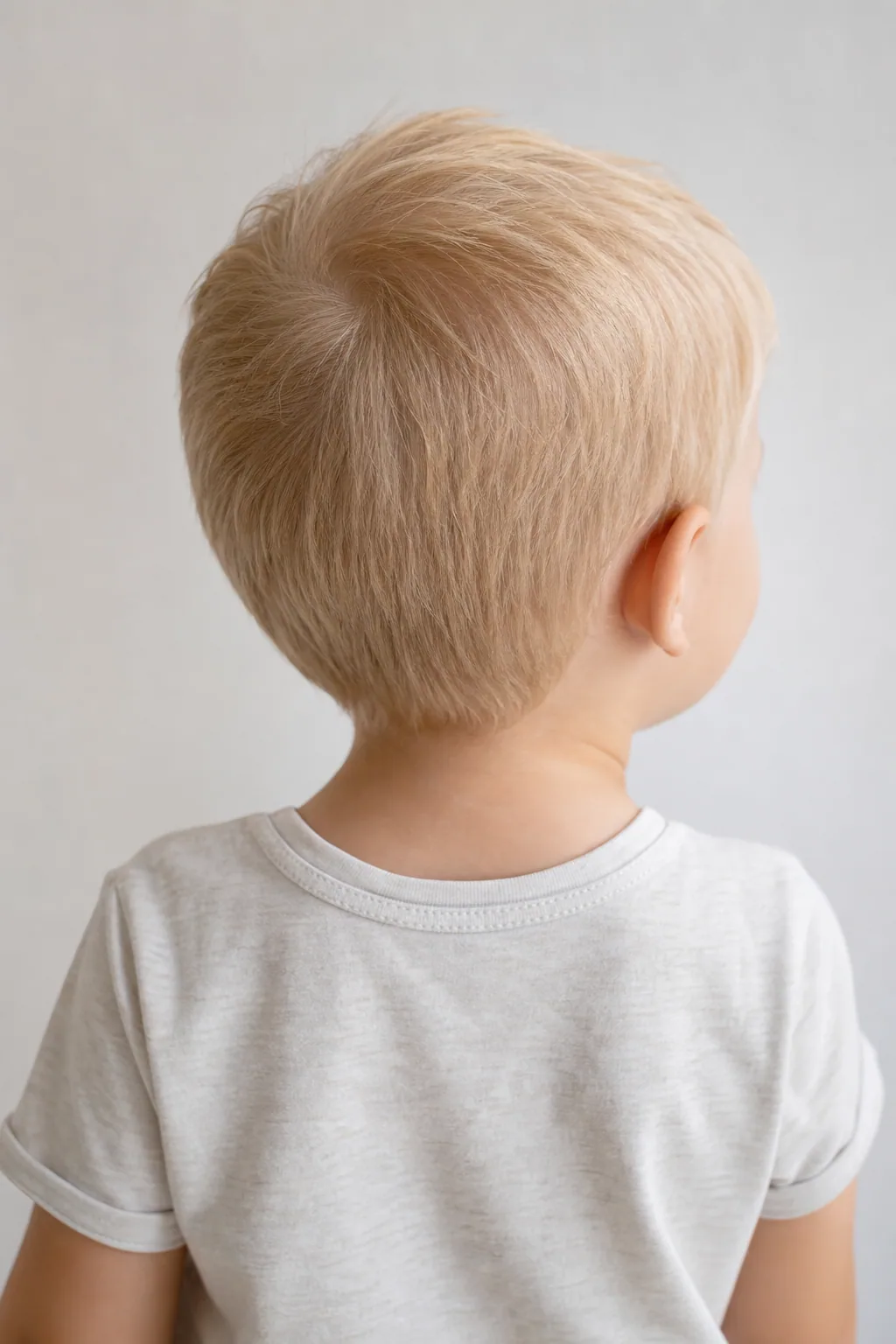 Back view of a toddler boy with a short crown cut over a double crown