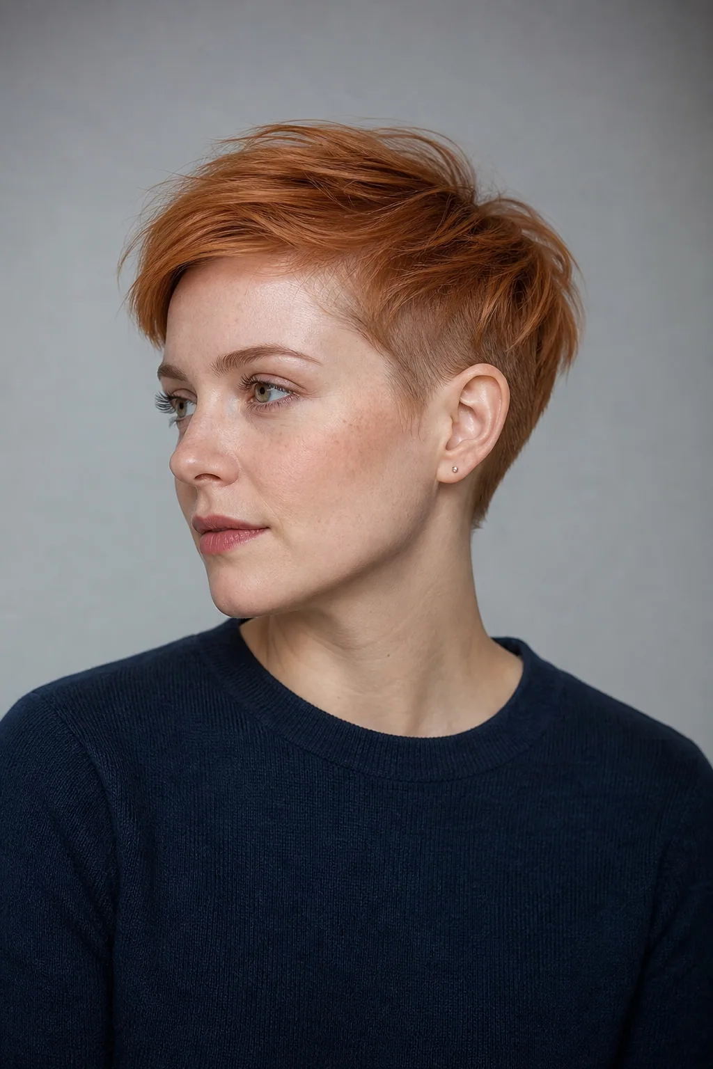 Bold pixie with both sides undercut and a long top on fine copper hair
