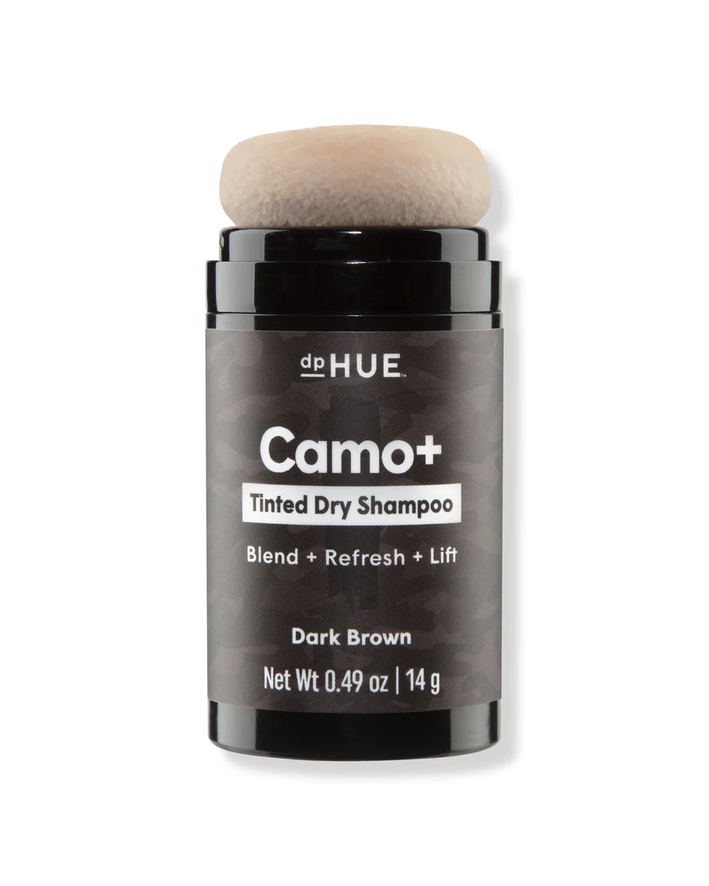 dpHUE Camo+ Tinted Dry Shampoo Powder with applicator nozzle, a tinted root powder for fine hair