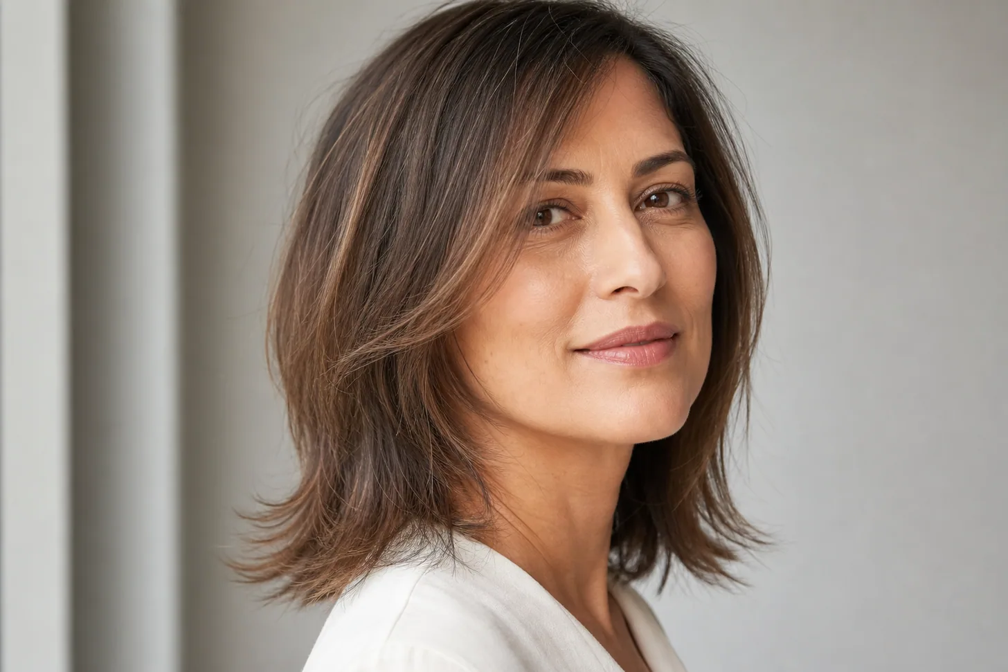 Fine shoulder-length hair with soft shine and movement at the ends in natural light