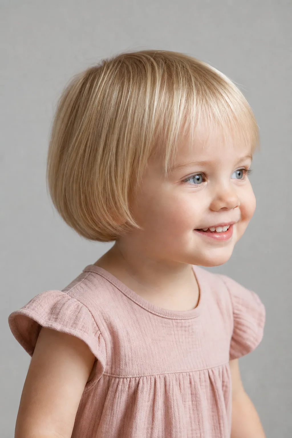 Toddler girl with a short rounded ear-length bob on fine golden-blond hair