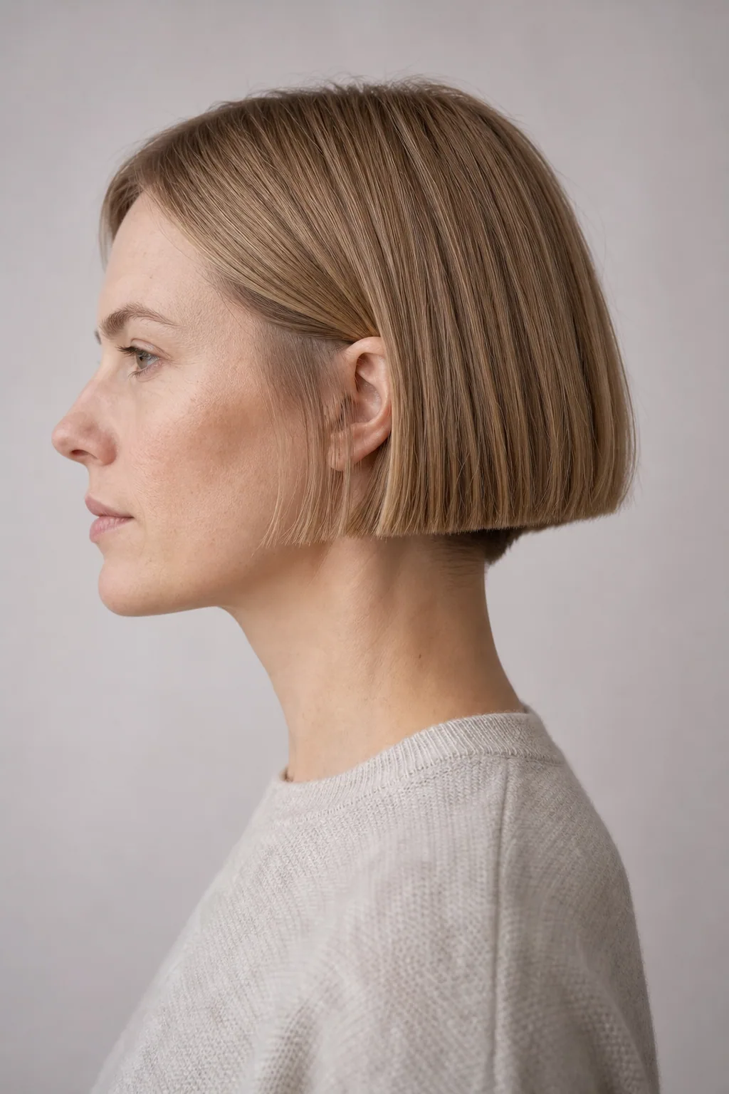 Very short blunt bob at the earlobe on fine dark-blond hair