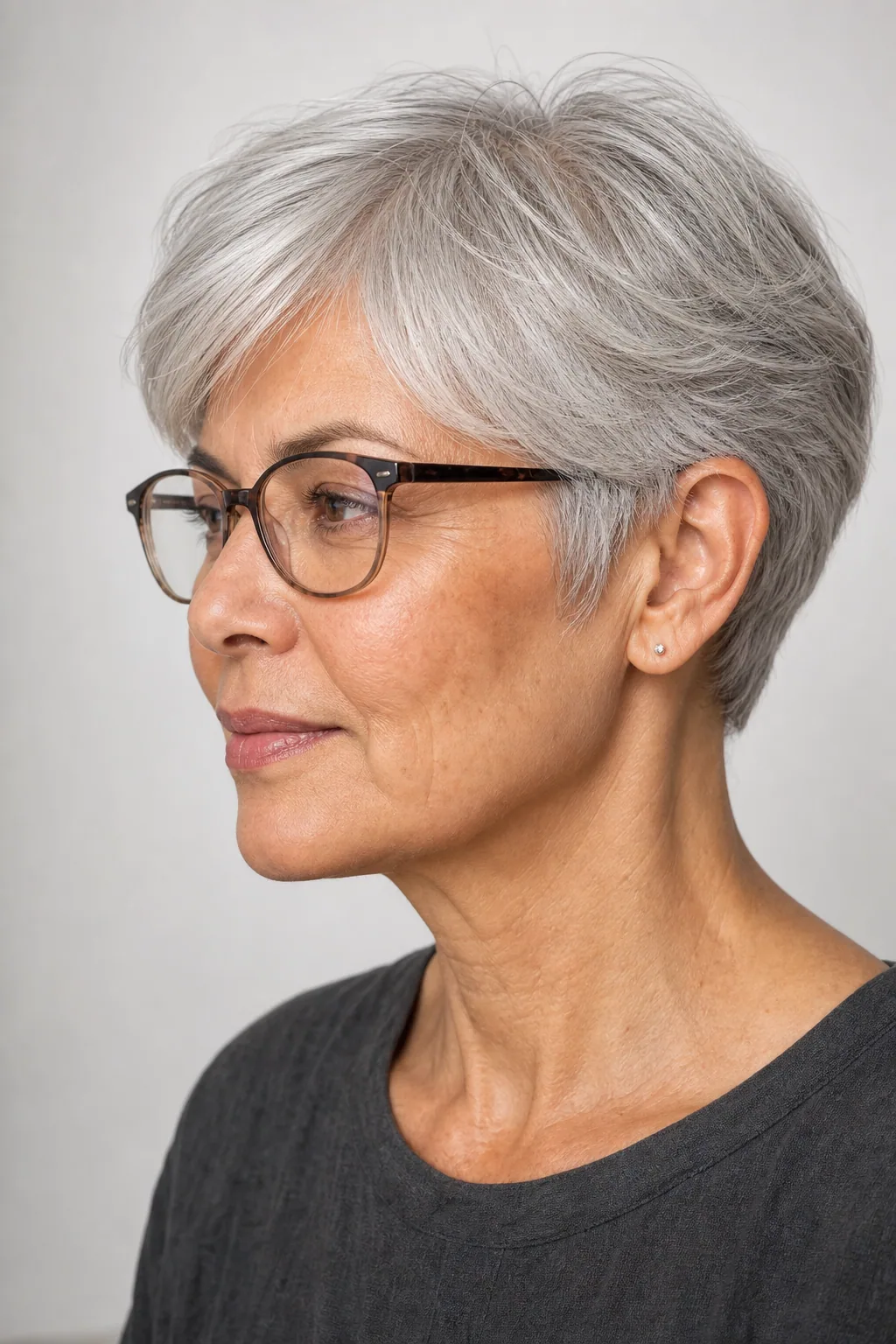 Ear-length pixie-bob cut clear of eyeglass frames on fine thin silver hair over 60