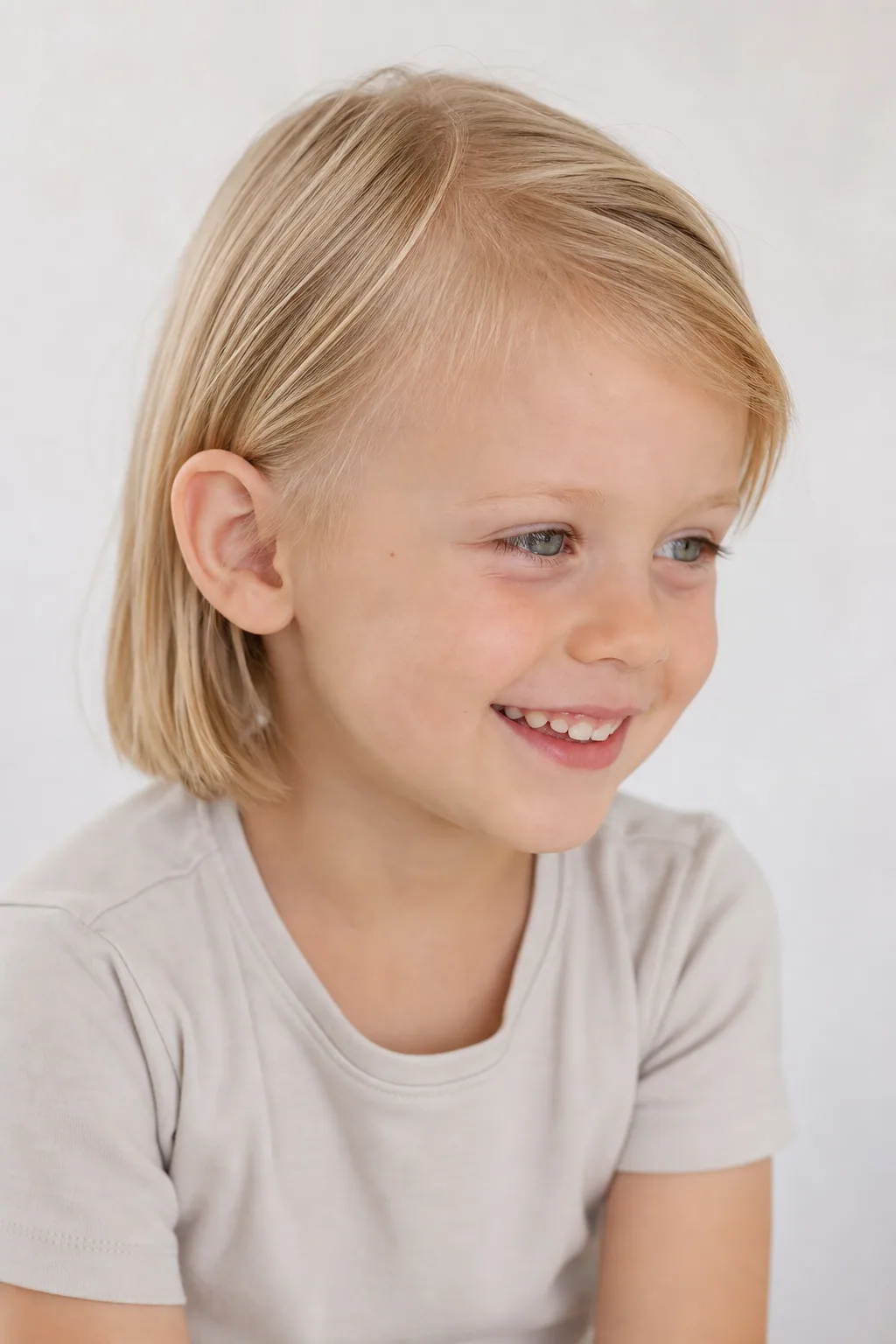 Young boy with an ear-length blunt cut on fine golden-blond hair
