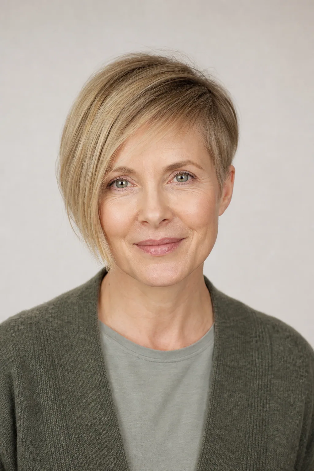 Edgy asymmetric pixie with a long sweeping fringe on fine dark-blond hair over 50