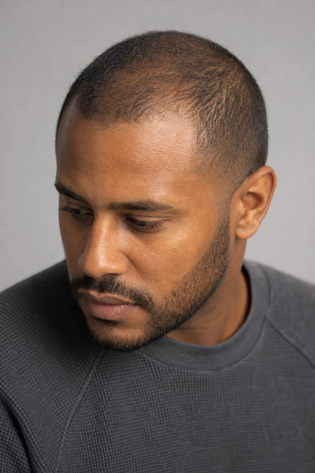 Even number 2 buzz cut on a man with thinning hair on top
