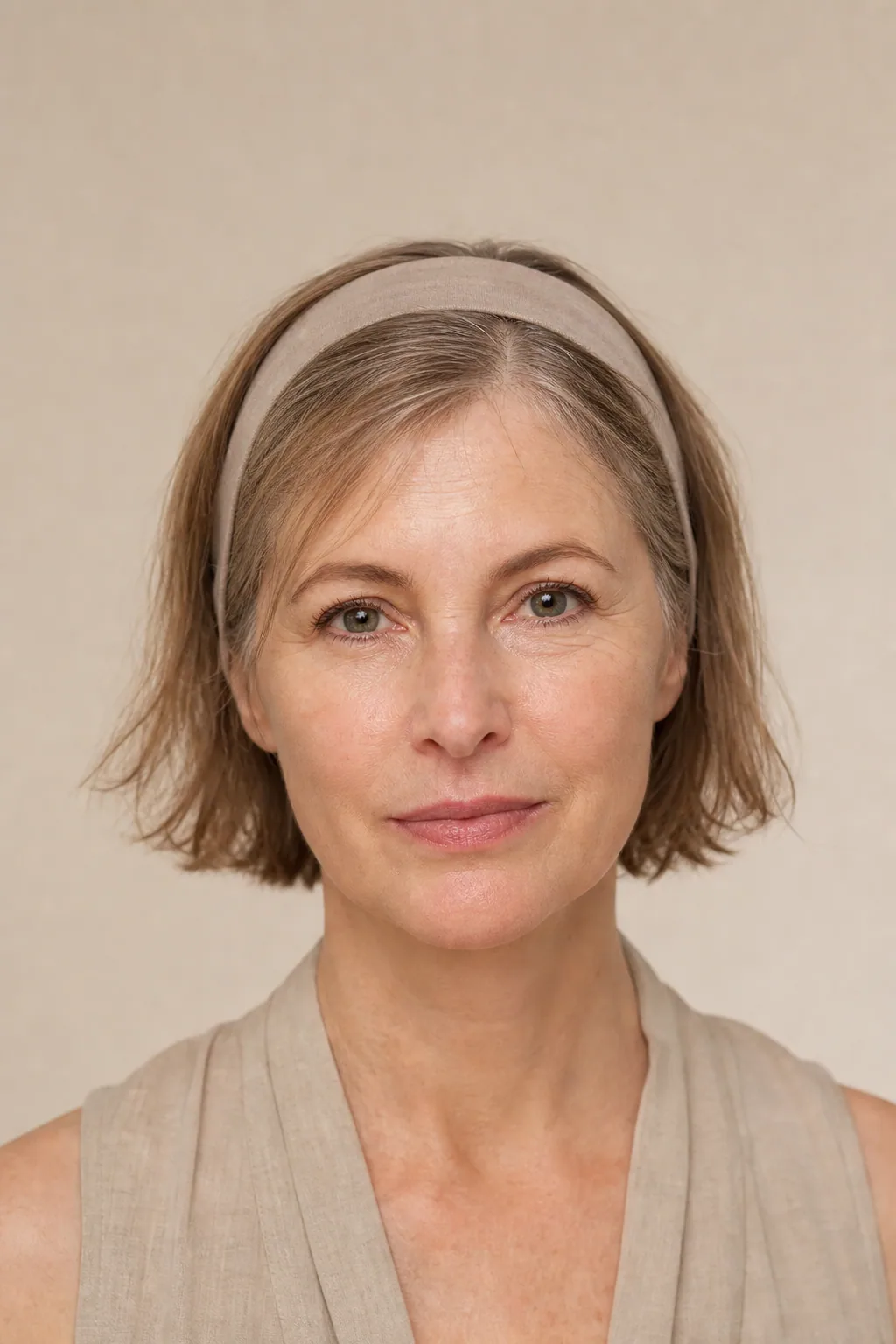Fine hair at chin length worn with a soft fabric headband set back from the hairline, front view