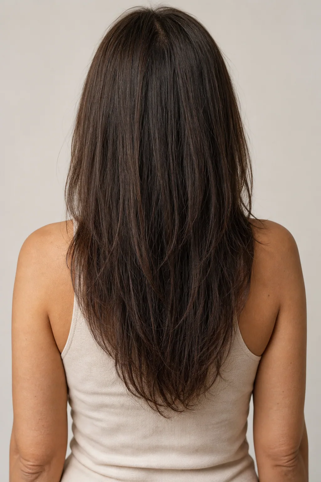 Long fine hair with face-framing layers, back view showing the perimeter still full and one-length