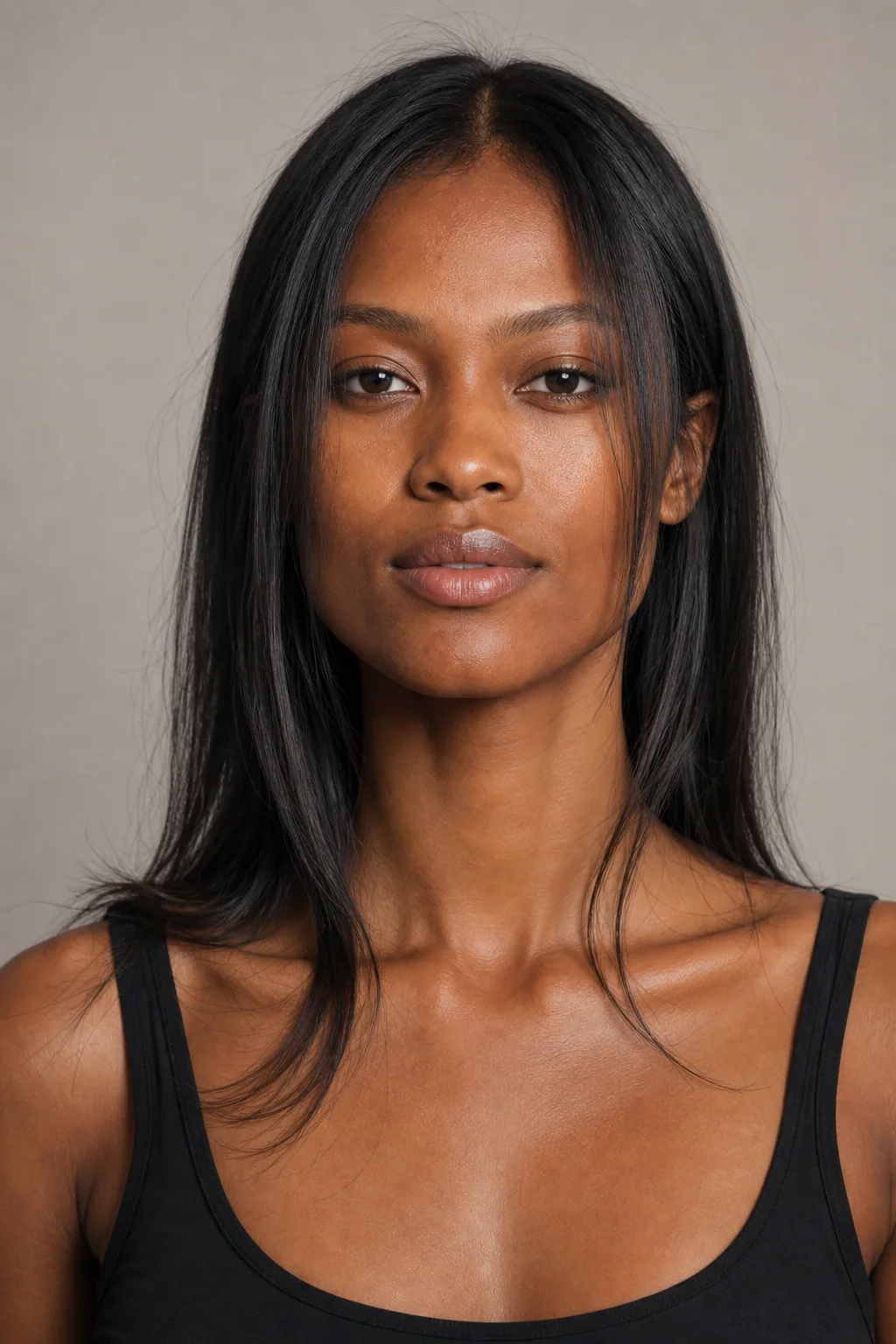 Long fine hair with face-framing pieces starting below the jaw, sweeping toward the collarbone, front view