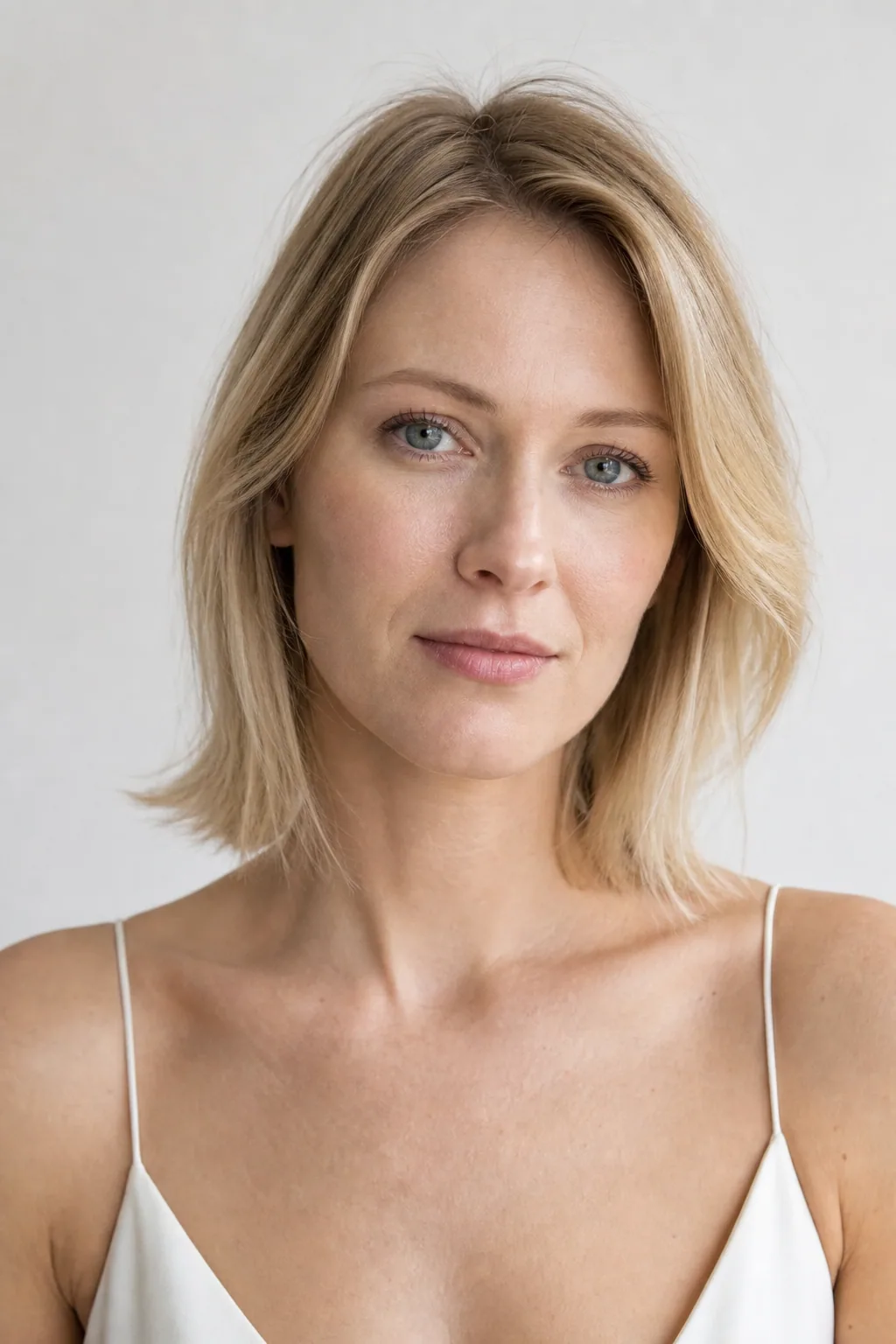Front view of fine shoulder-length hair with the shortest face-framing piece landing at the cheekbone, softly swept back