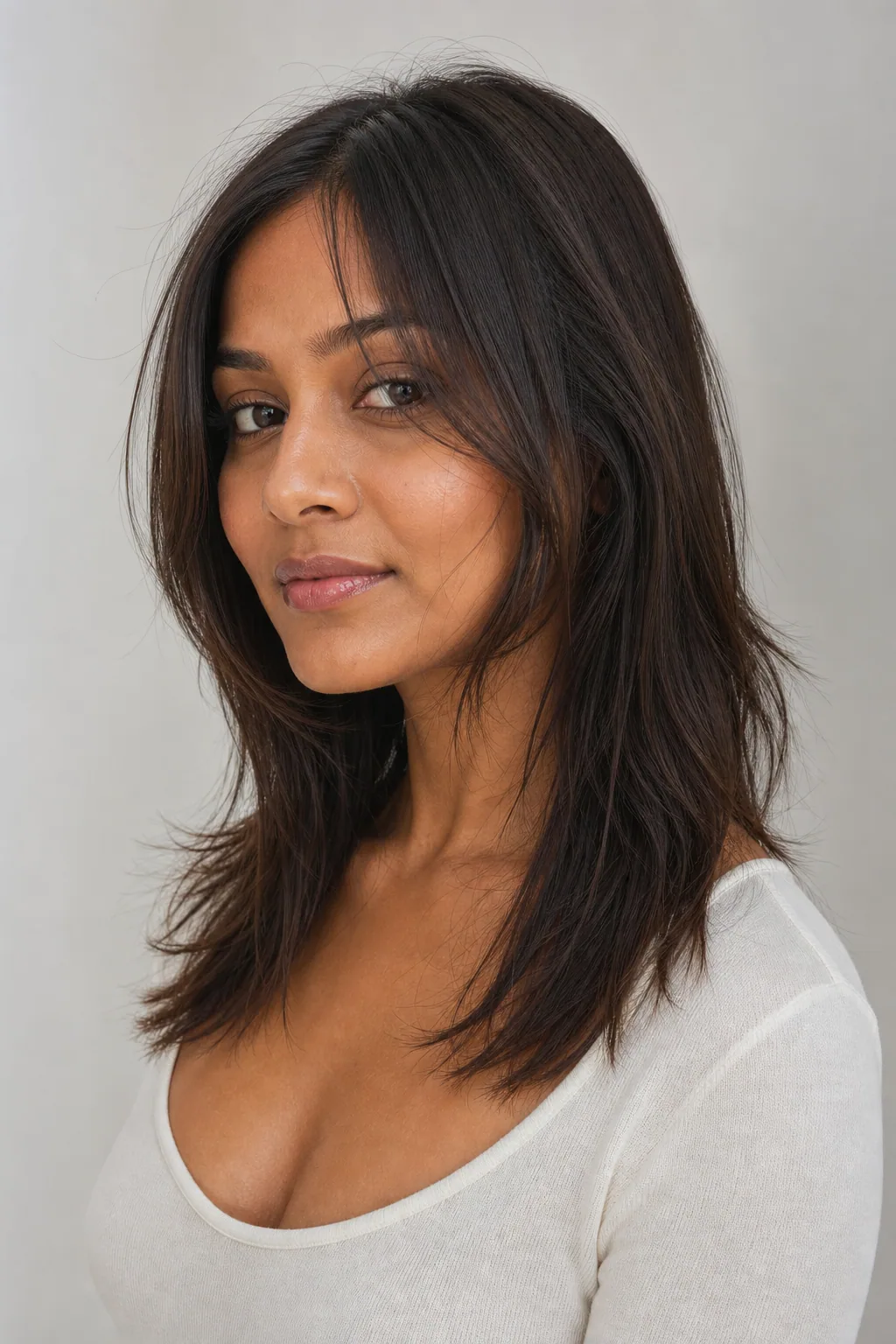 Fine mid-length hair with face-framing beginning at the corner of the mouth, three-quarter view