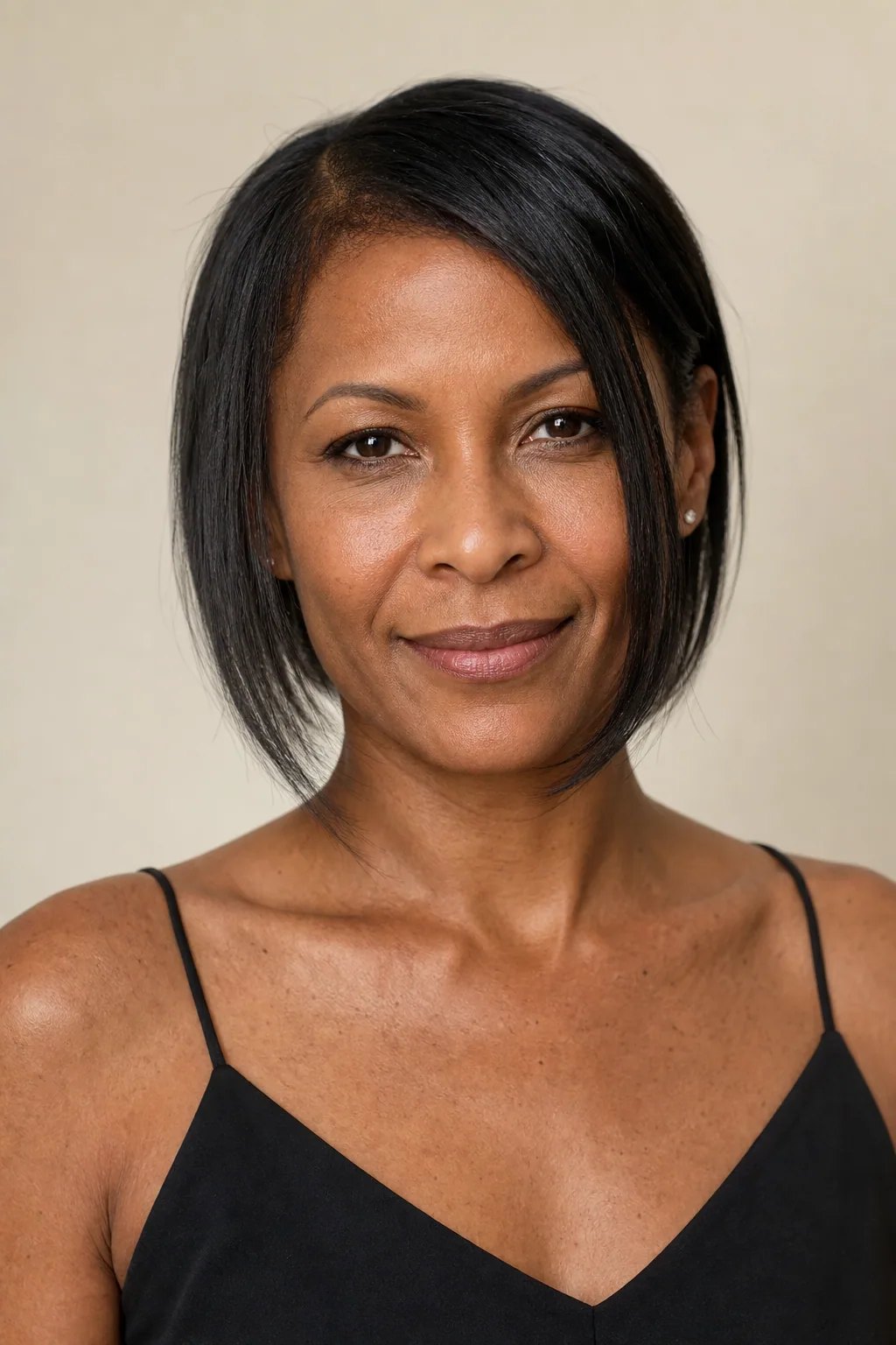 Fine dark hair with a gentle face-framing slide starting at the jawline, front view, hair tucked behind one ear