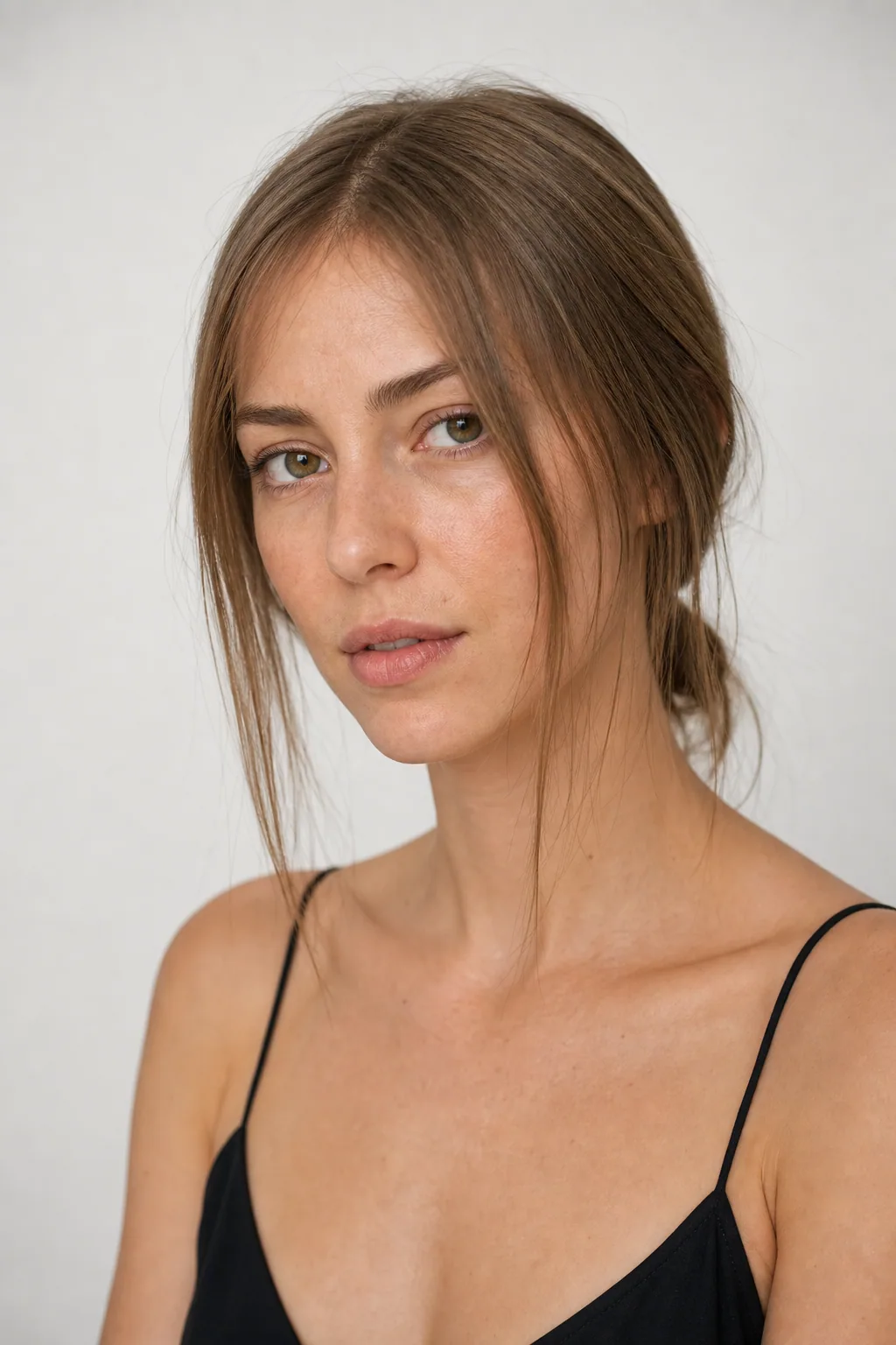 Face-framing worn forward against the cheeks on fine hair, soft and flat to the face, minimal styling