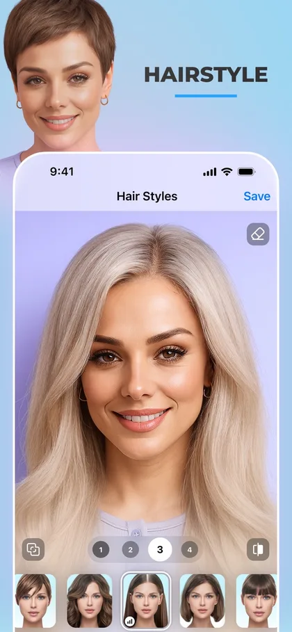 FaceApp hairstyle screen showing a woman with long platinum blonde hair and a row of hair style thumbnails