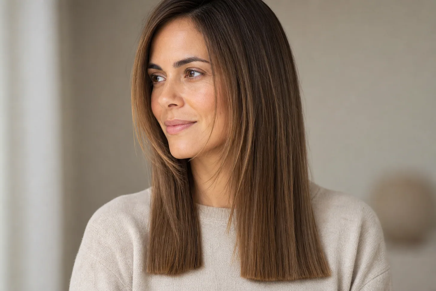 A feathered mid-length cut on fine hair with soft face-framing pieces and a dense blunt perimeter