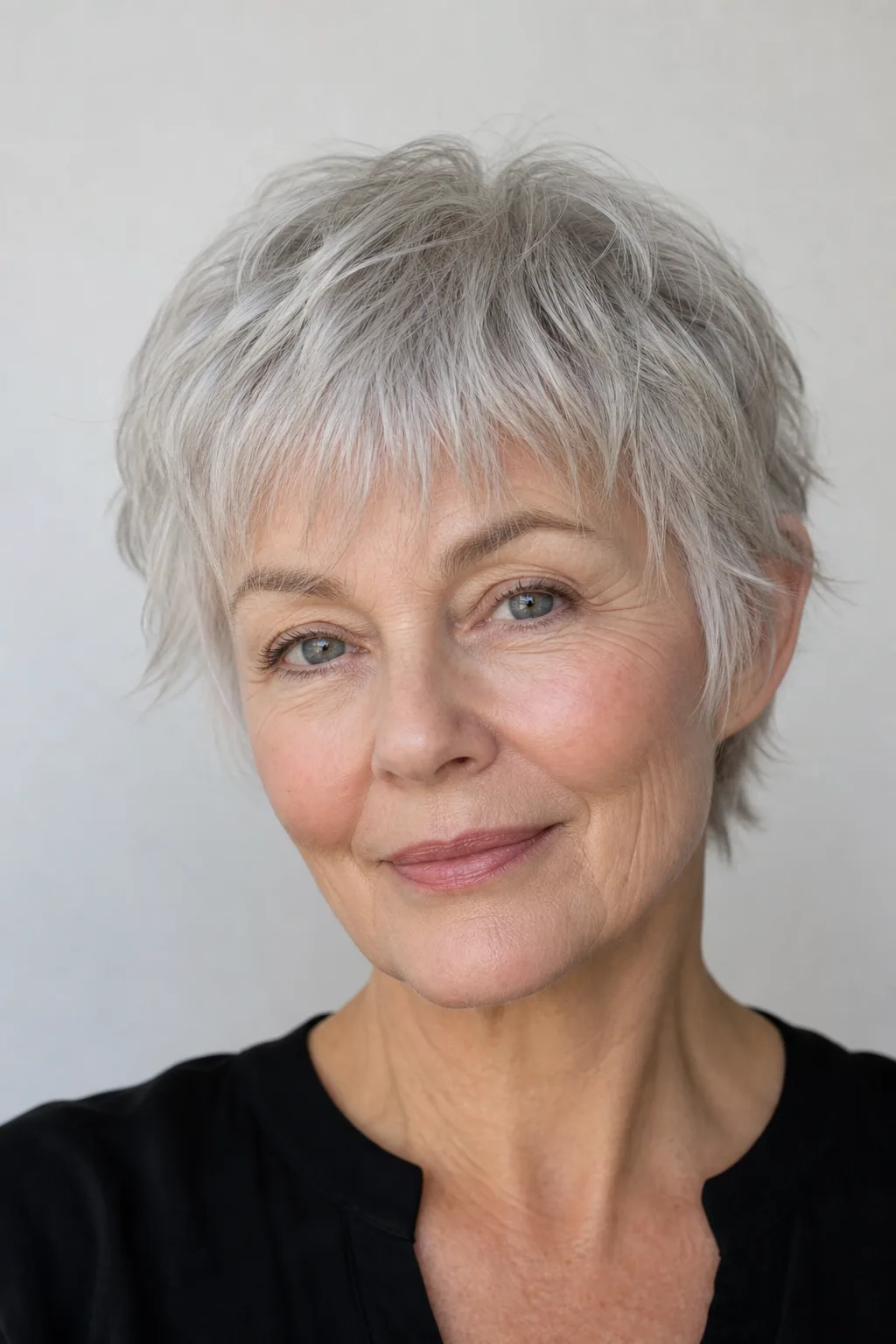 Feathered crop with a soft wispy fringe on fine thin light-grey hair over 70