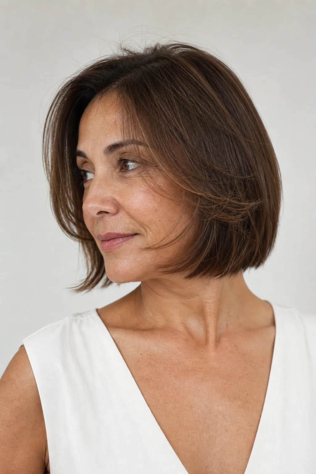 Feathered face-framing layered bob with soft flicked front pieces on fine hair