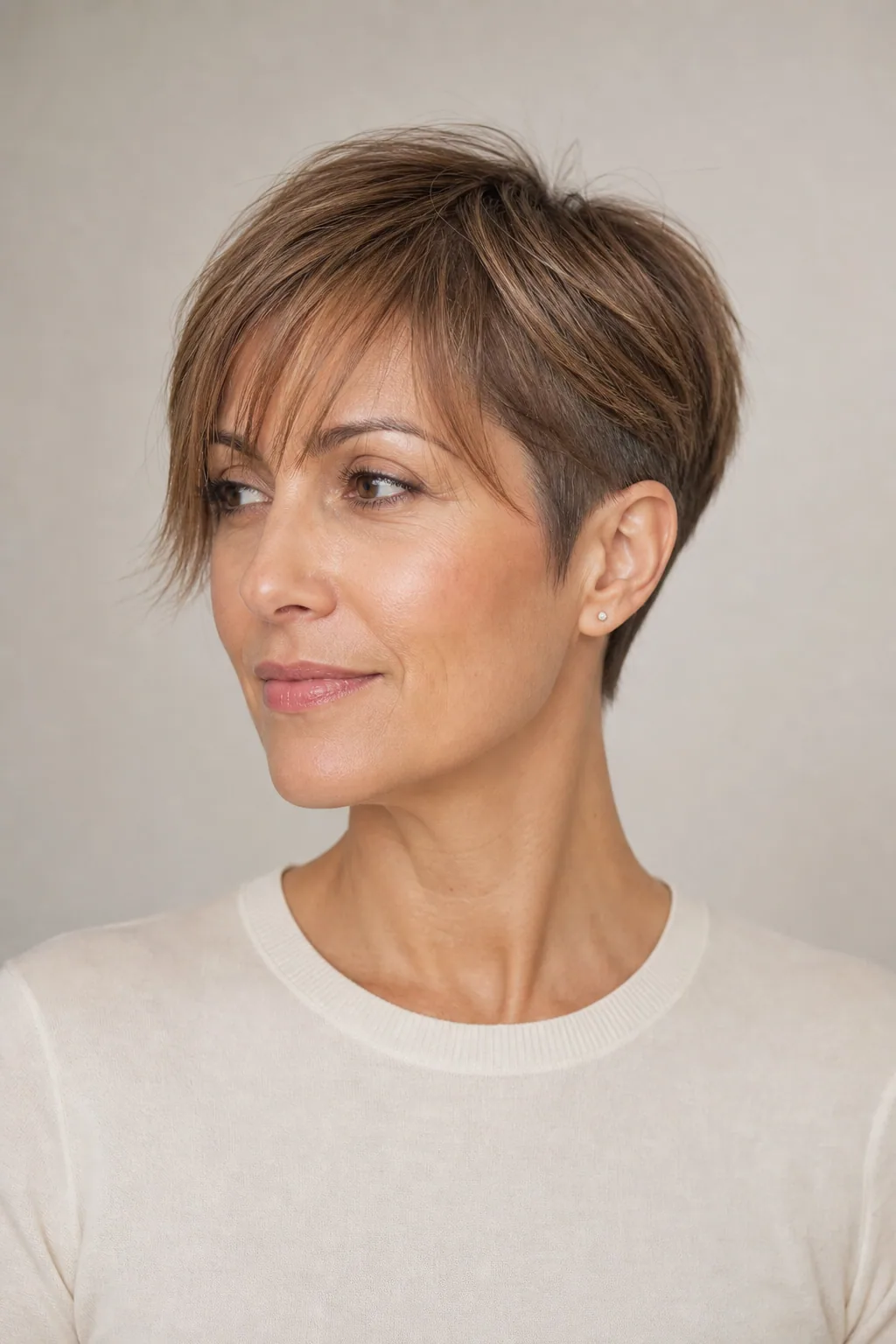 Soft feminine pixie with a blended undercut and wispy fringe on fine hair