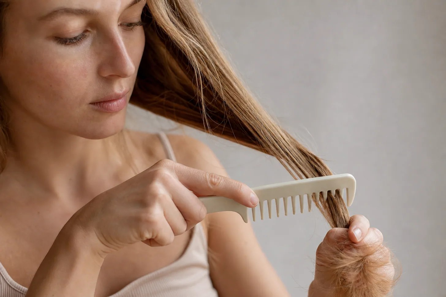 A wide-tooth comb worked through the ends of long fine hair, held above the knot